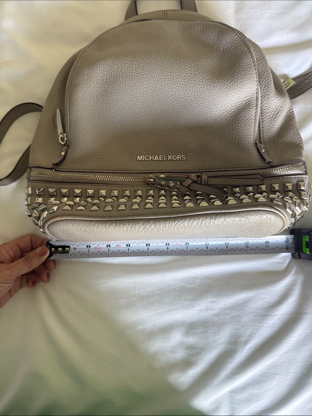 Michael Kors Grey Pebbled Leather Backpack with Stud Trim - Picture 10 of 11